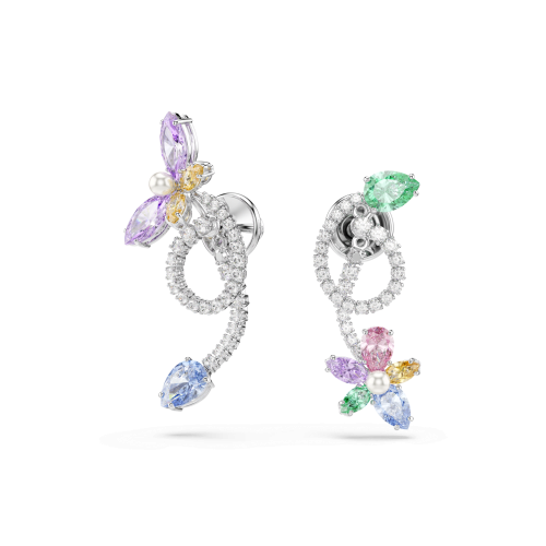 Ariana Grande x Swarovski drop earrings with ear jacket, Mixed cuts, Dragonfly, Flower, Multicolored, Rhodium plated