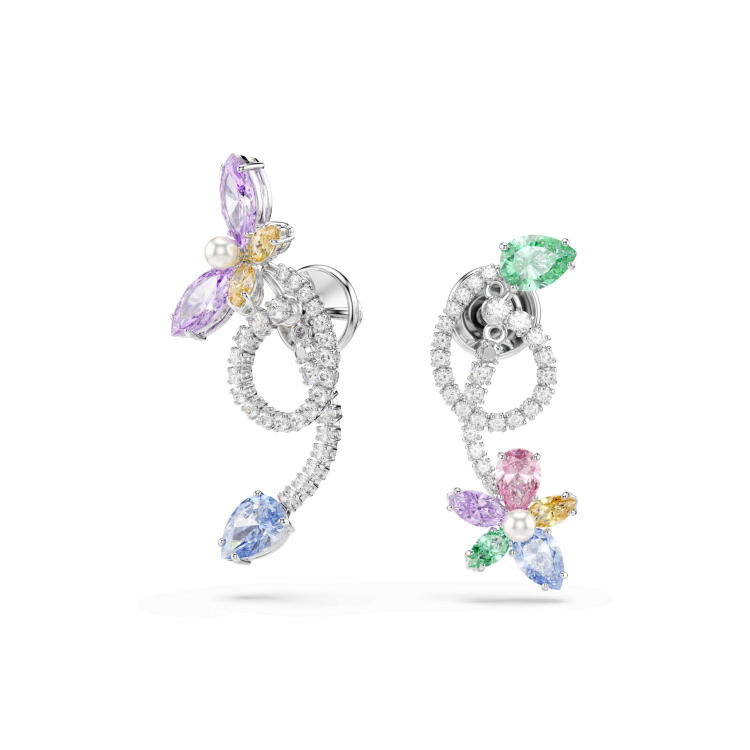 Ariana Grande x Swarovski drop earrings with ear jacket, Mixed cuts, Dragonfly, Flower, Multicolored, Rhodium plated