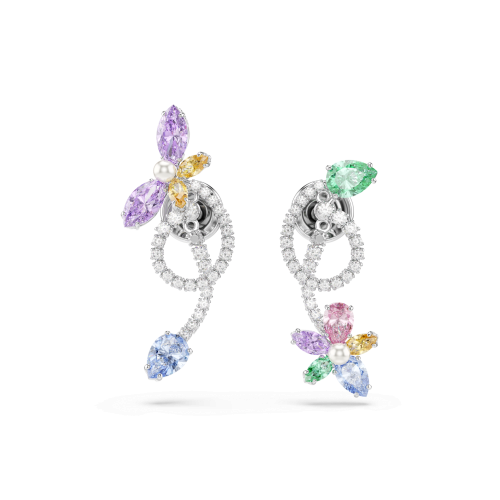 Ariana Grande x Swarovski drop earrings with ear jacket, Mixed cuts, Dragonfly, Flower, Multicolored, Rhodium plated