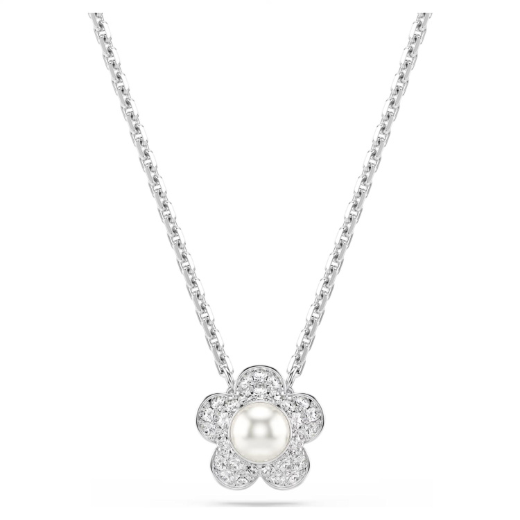 Ariana Grande x Swarovski pendant Crystal Pearl, Round cut, Flower, White, Rhodium plated