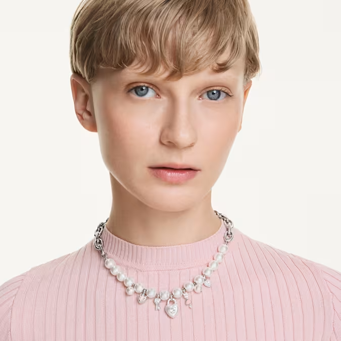 Idyllia necklace Crystal pearl, Mixed cuts, White, Rhodium plated