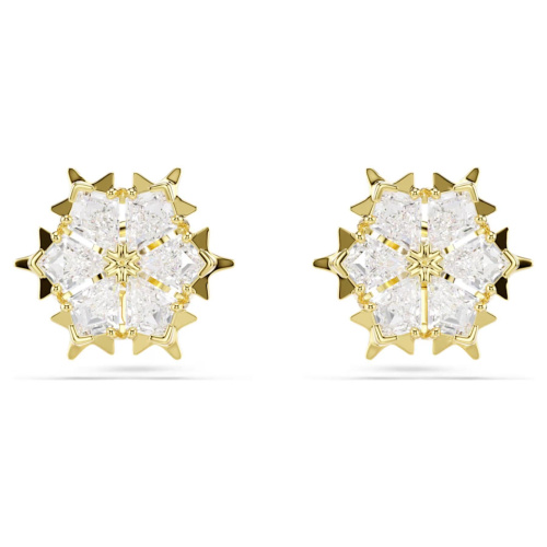 Magic stud earrings Mixed cuts, Snowflake, White, 18K gold finish