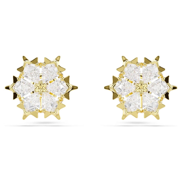 Magic stud earrings Mixed cuts, Snowflake, White, 18K gold finish