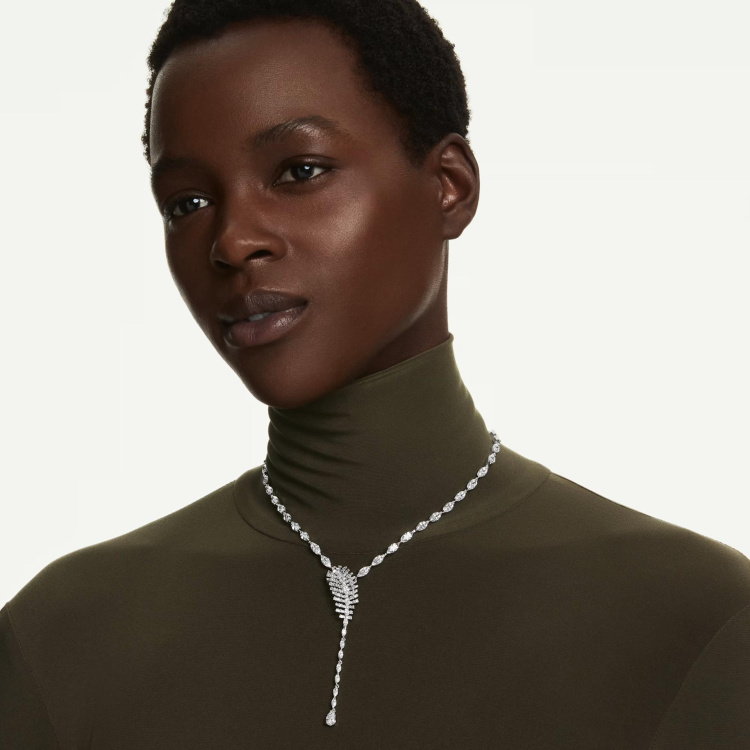 Vienna Y necklace Mixed cuts, Feather, White, Rhodium plated