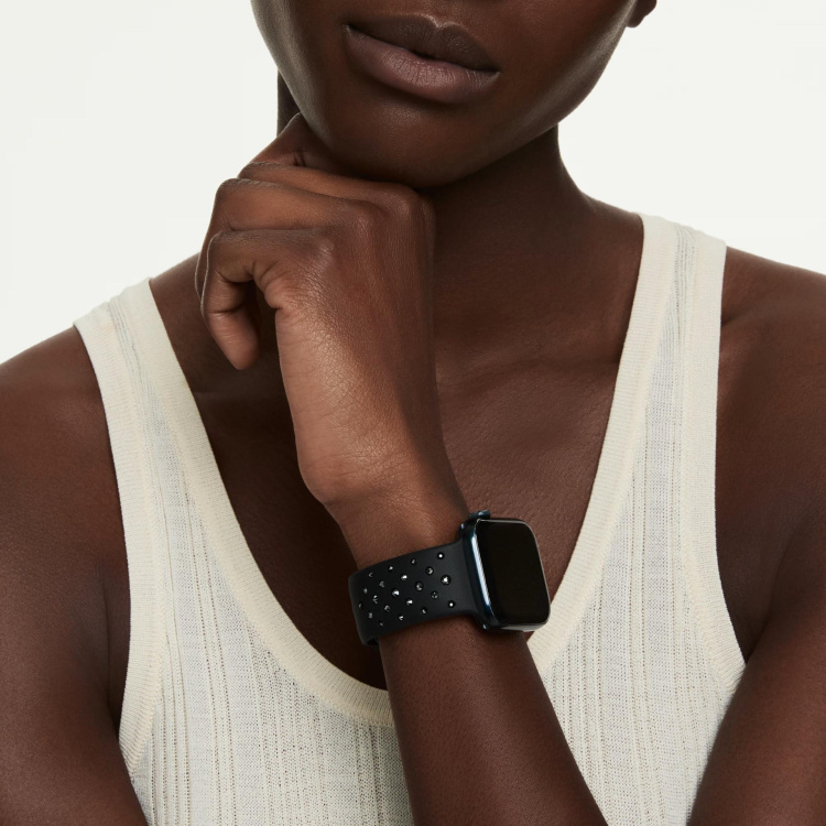 Watch strap Silicone with stitching, Black, Stainless steel