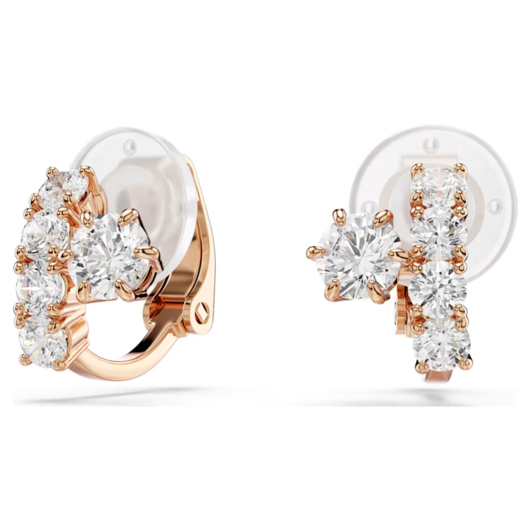 Matrix clip earrings Round cut, White, 18K rose gold plated