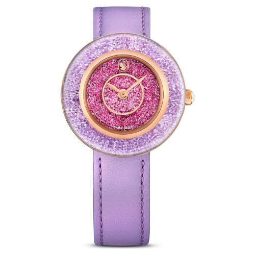Crystalline lustre watch Swiss Made, Leather strap, Purple, Rose gold-tone finish