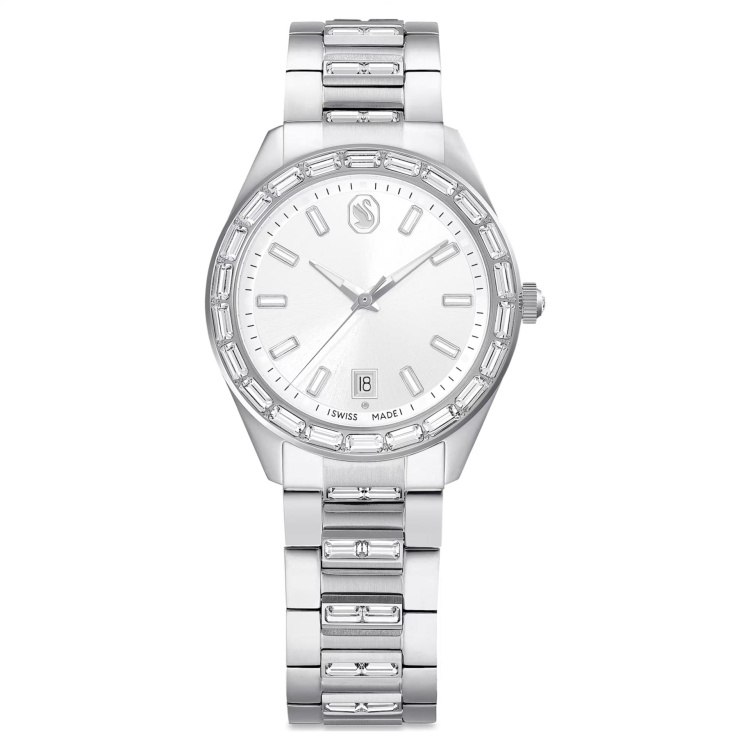 Matrix date watch Swiss Made, Metal bracelet, Silver tone, Stainless steel