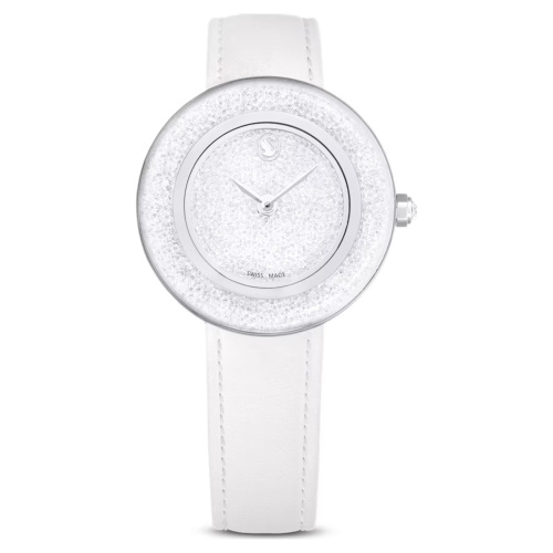Crystalline lustre watch Swiss Made, Leather strap, White, Stainless steel