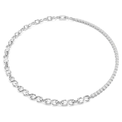 Matrix necklace S-shape, Round cut, White, Rhodium plated