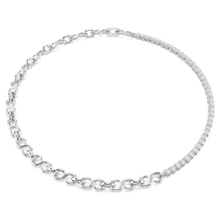 Matrix necklace S-shape, Round cut, White, Rhodium plated