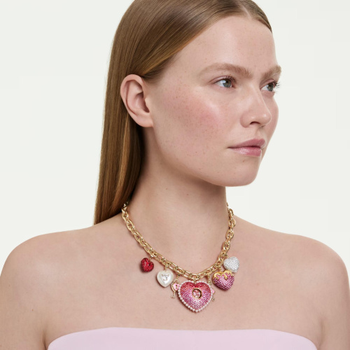 Idyllia necklace Mixed cuts, Heart, Key, Multicolored, 18K gold finish