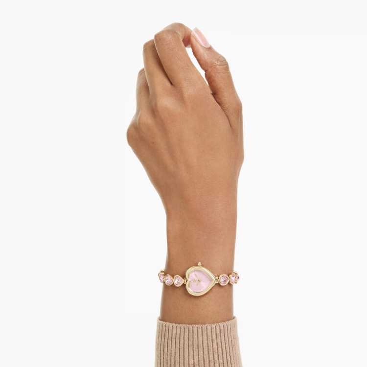 Idyllia Heart watch Crystal bracelet, Pink, Gold-tone finish