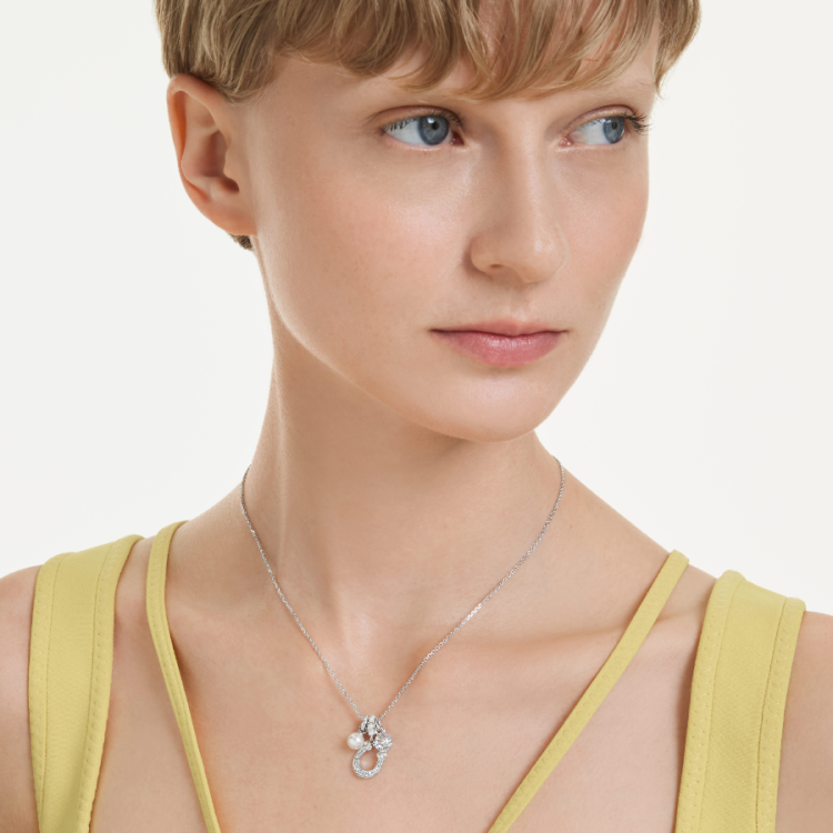 Symbolica pendant, Crystal pearl, Round cut, Pavé, Horseshoe, White, Rhodium plated