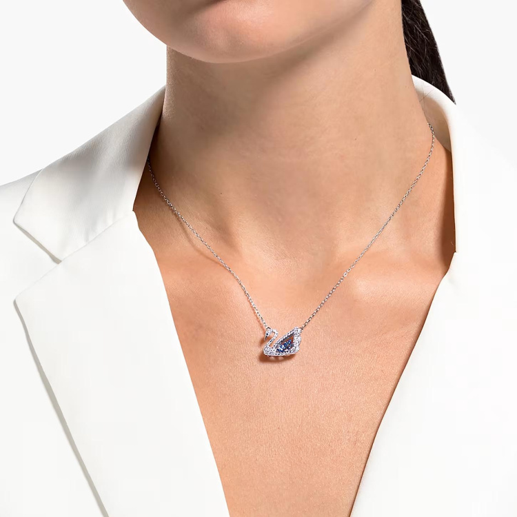 Dancing Swan Necklace, Blue, Rhodium plated