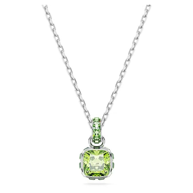 Birthstone pendant Square cut, August, Green, Rhodium plated