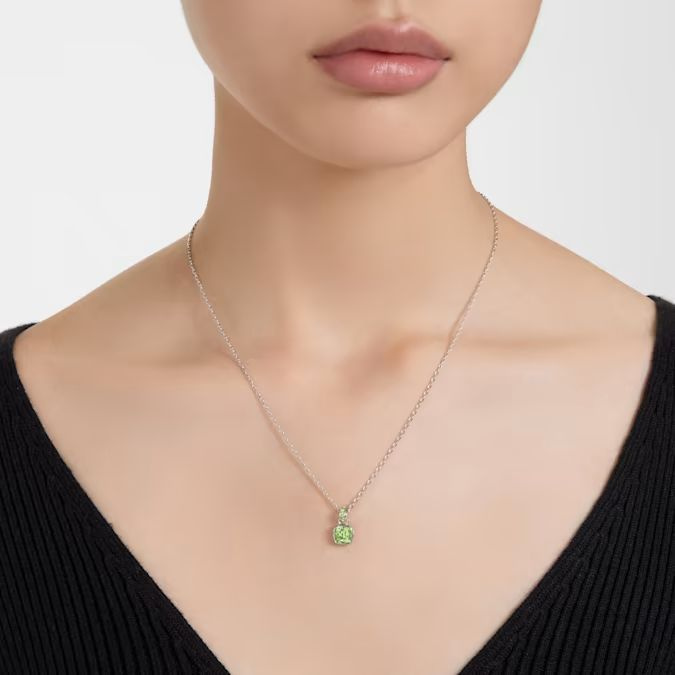 Birthstone pendant Square cut, August, Green, Rhodium plated