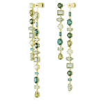 Gema drop earrings Asymmetrical design, Mixed cuts, Extra long, Green, Gold-tone plated