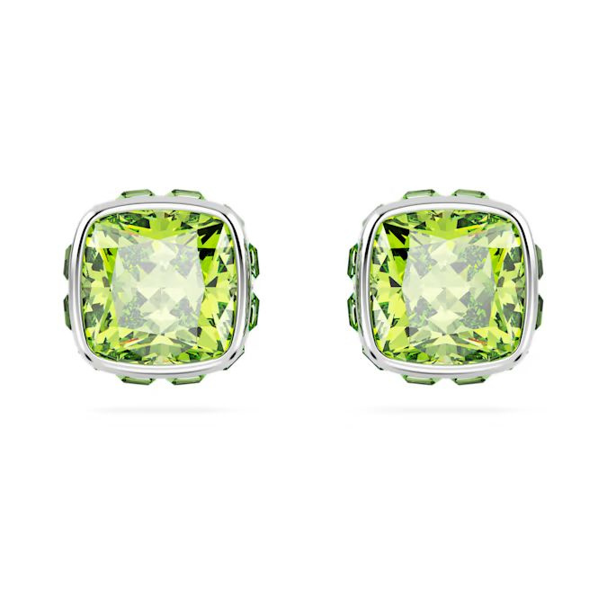 Birthstone stud earrings Square cut, August, Green, Rhodium plated