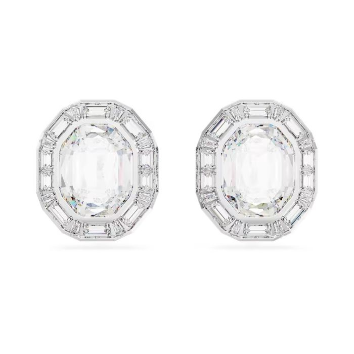 Mesmera clip earrings Octagon cut, White, Rhodium plated