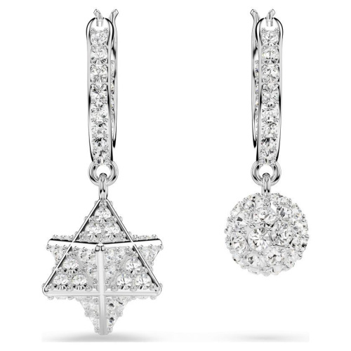 Dextera drop earrings Asymmetrical design, Round cut, Star and sphere, White, Rhodium plated