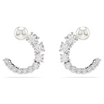 Matrix hoop earrings Crystal pearl, Round cut, White, Rhodium plated