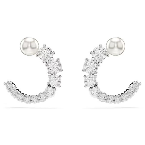 Matrix hoop earrings Crystal pearl, Round cut, White, Rhodium plated