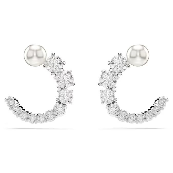 Matrix hoop earrings Crystal pearl, Round cut, White, Rhodium plated