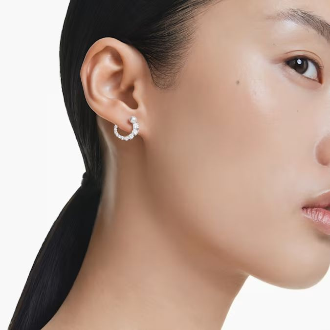 Matrix hoop earrings Crystal pearl, Round cut, White, Rhodium plated