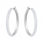 Stone Hoop Pierced Earrings, White, Rhodium plated