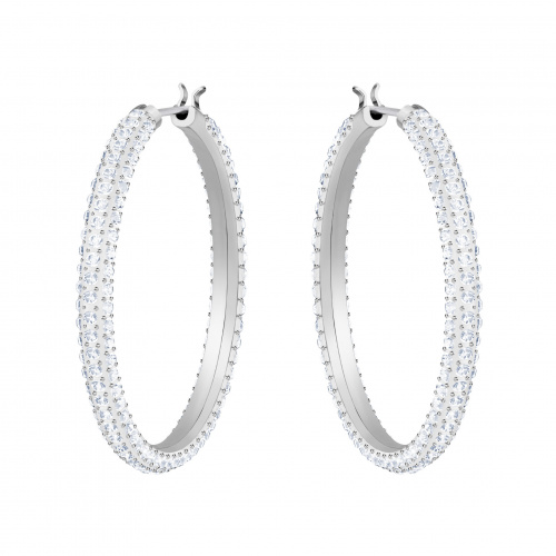 Stone Hoop Pierced Earrings, White, Rhodium plated