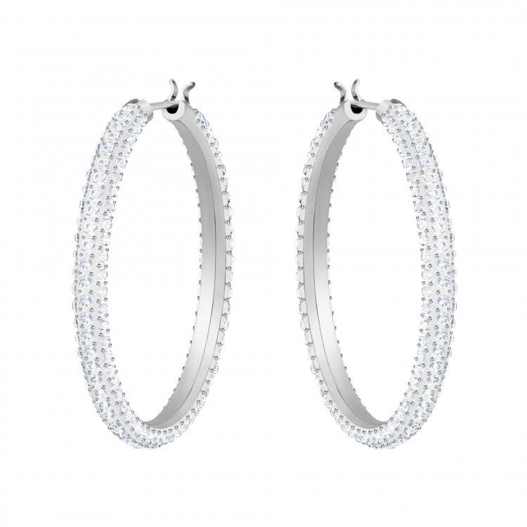Stone Hoop Pierced Earrings, White, Rhodium plated