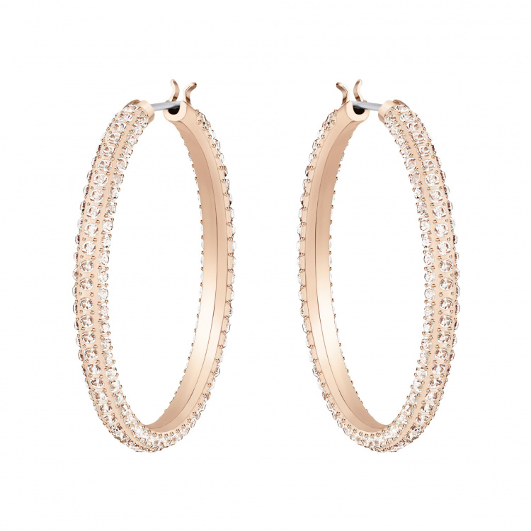 Stone Hoop Pierced Earrings, Pink, Rose-gold tone plated