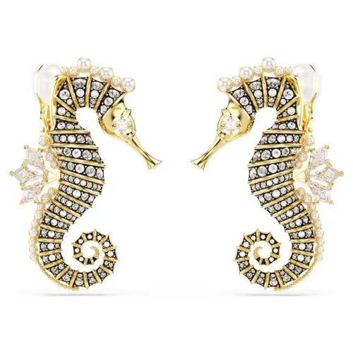 Idyllia clip earrings Crystal pearl, Seahorse, White, Gold-tone plated
