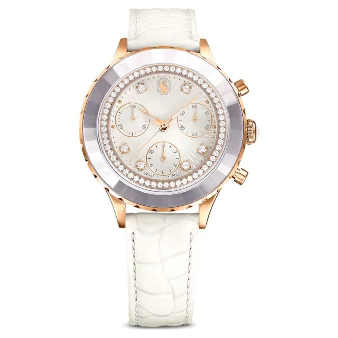 Octea Chrono watch Swiss Made, Leather strap, White, Rose gold-tone finish