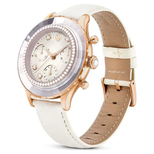 Octea Chrono watch Swiss Made, Leather strap, White, Rose gold-tone finish