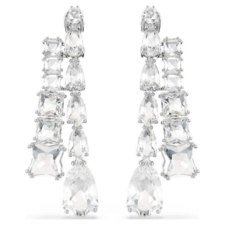Matrix drop earrings Mixed cuts, White, Rhodium plated