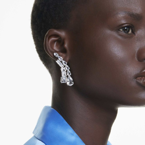 Matrix drop earrings Mixed cuts, White, Rhodium plated