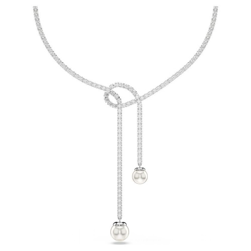 Matrix Y necklace Crystal pearl, Round cut, White, Rhodium plated