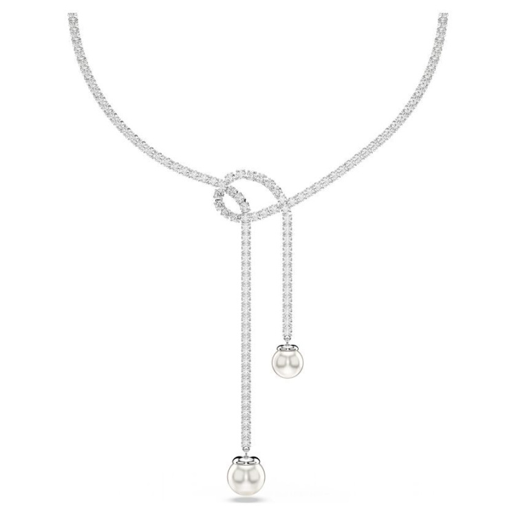 Matrix Y necklace Crystal pearl, Round cut, White, Rhodium plated